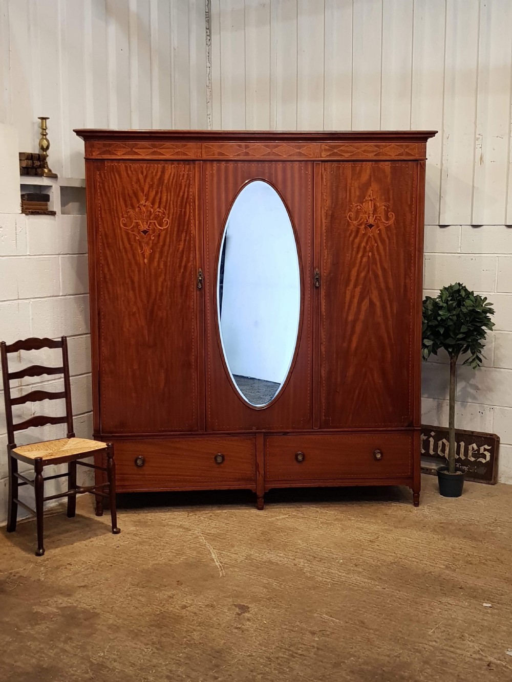 ANTIQUE EDWARDIAN MAHOGANY INLAID TRIPLE WARDROBE C1900