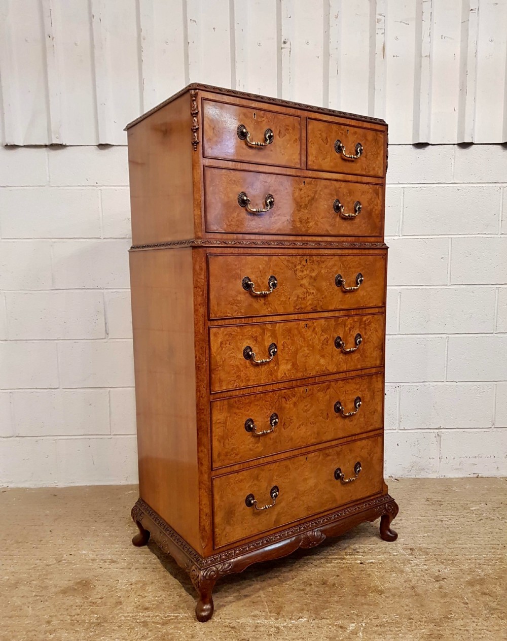 ANTIQUE BURR WALNUT TALLBOY CHEST OF DRAWERS C1920 View II