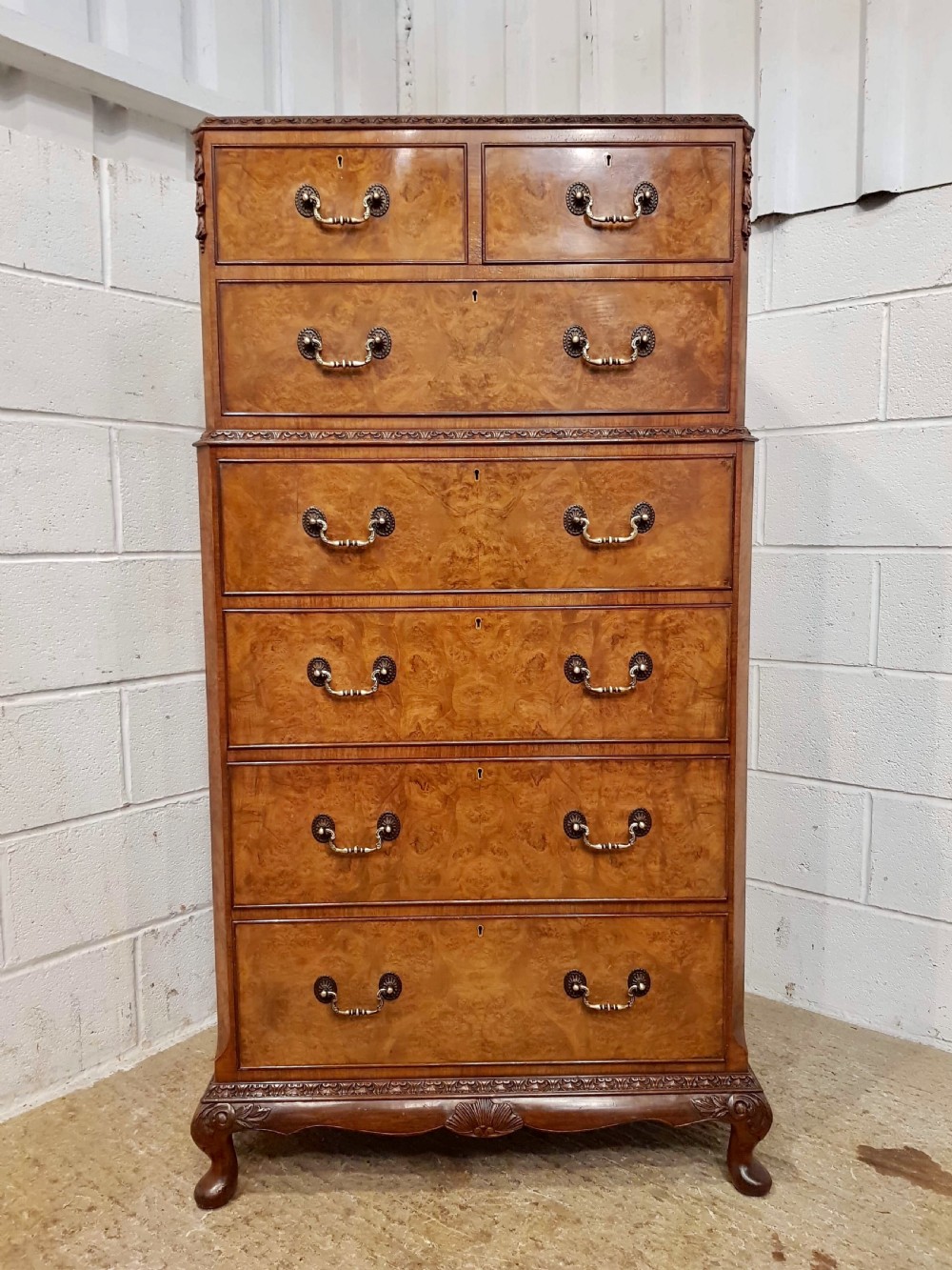 ANTIQUE BURR WALNUT TALLBOY CHEST OF DRAWERS C1920 View III