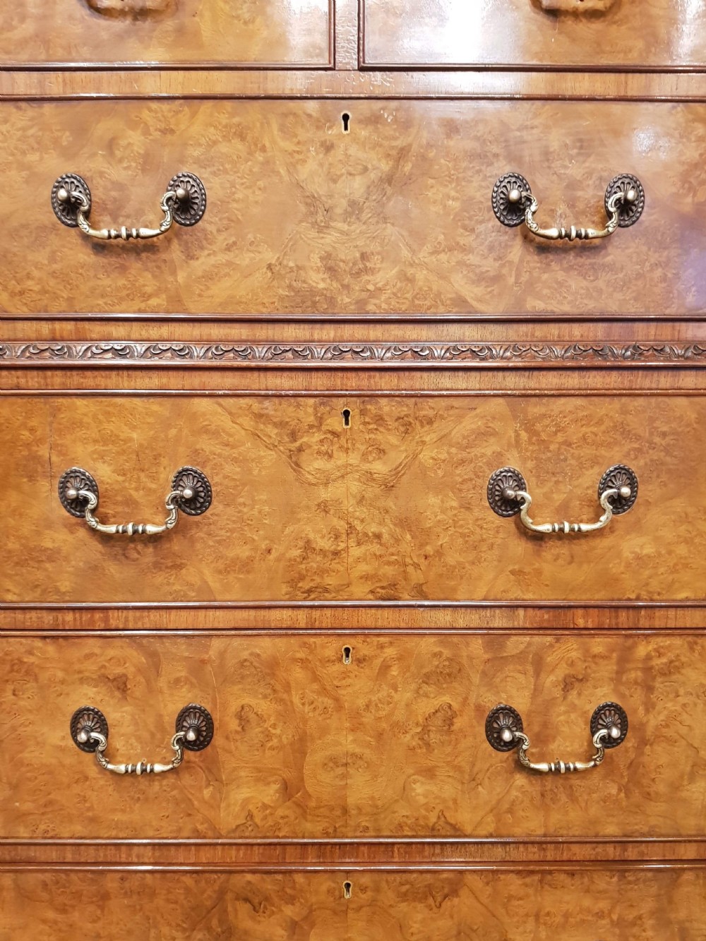 ANTIQUE BURR WALNUT TALLBOY CHEST OF DRAWERS C1920 View V