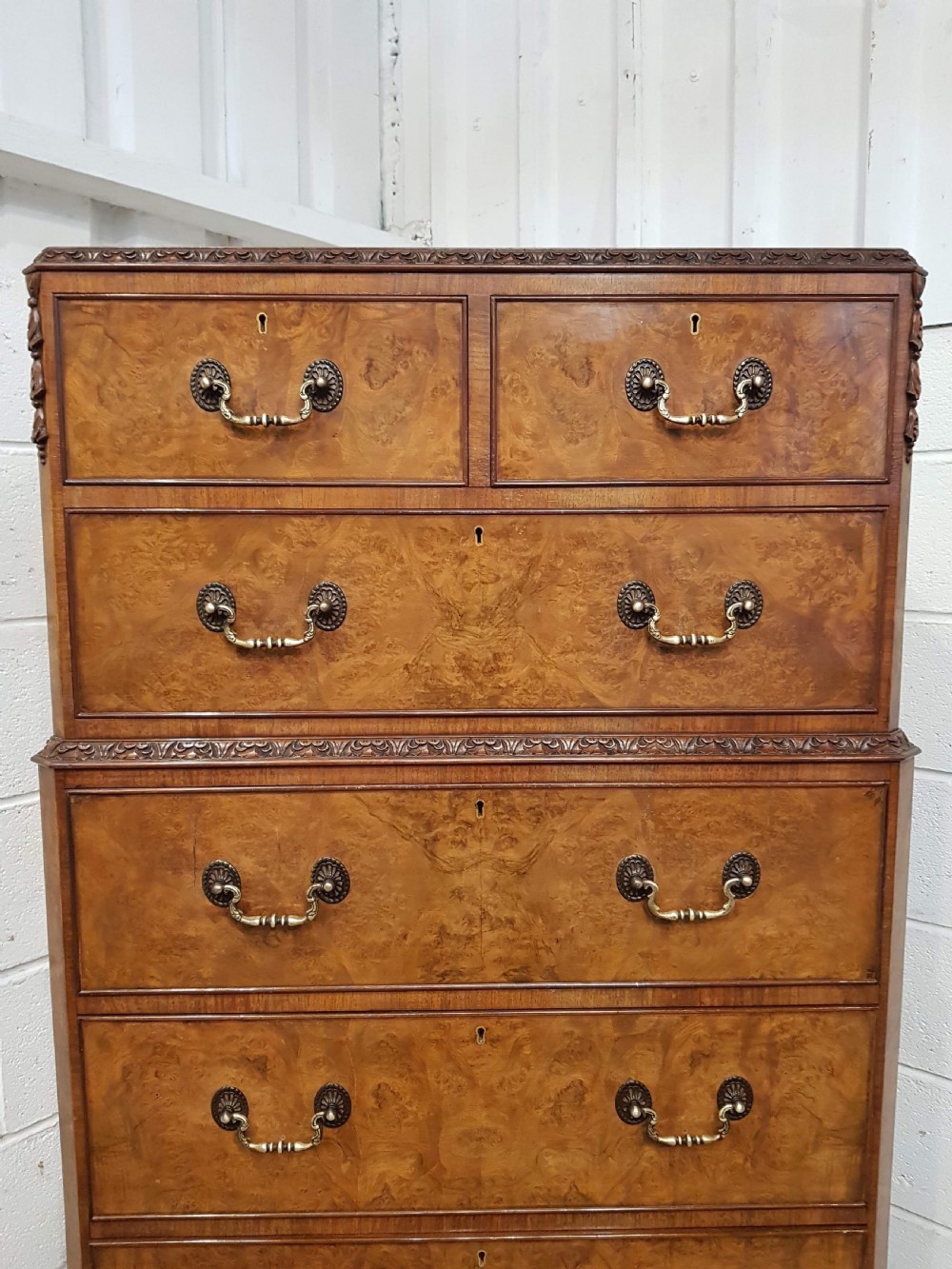 ANTIQUE BURR WALNUT TALLBOY CHEST OF DRAWERS C1920 View IX