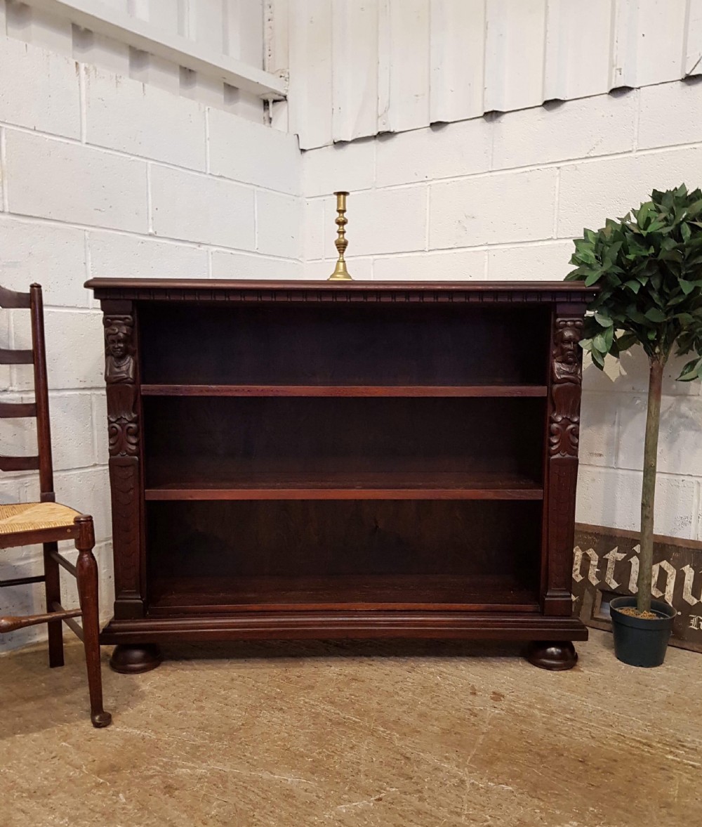 ANTIQUE EDWARDIAN CARVED OAK OPEN BOOKCASE C1900