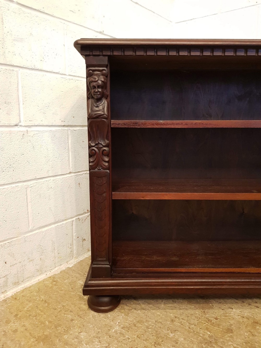 ANTIQUE EDWARDIAN CARVED OAK OPEN BOOKCASE C1900 View III