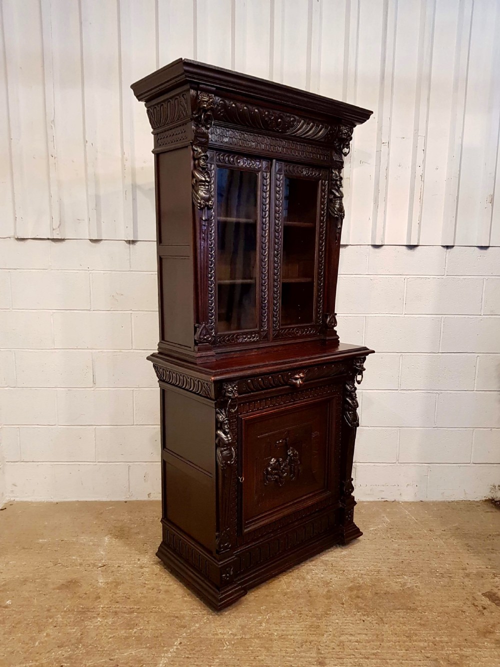 ANTIQUE 19TH CENTURY FLEMISH CARVED OAK NARROW BOOKCASE ON CUPBOARD C1880  View II