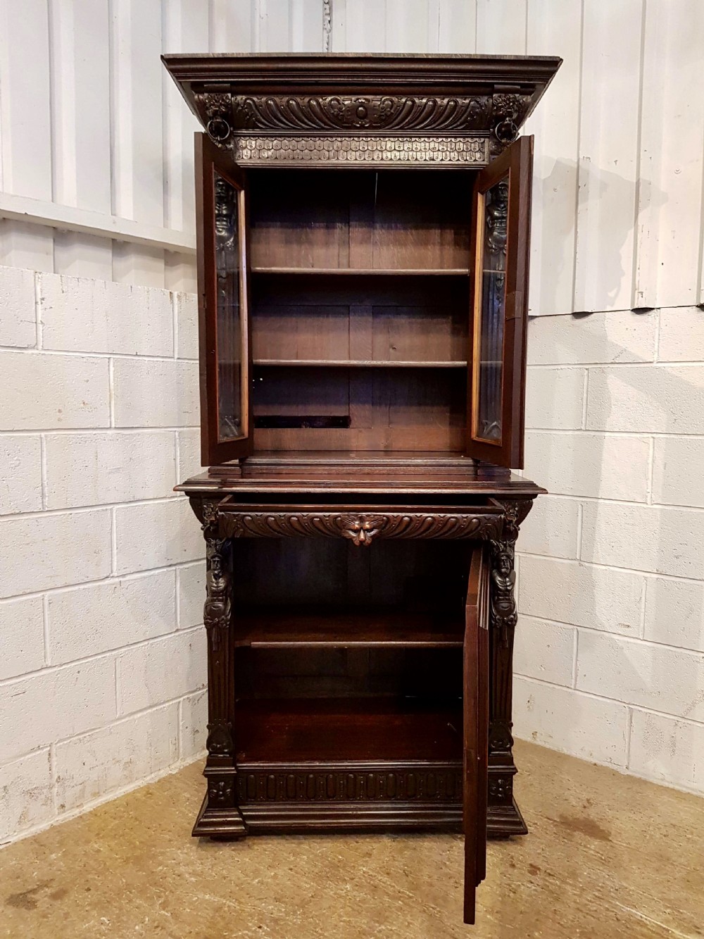ANTIQUE 19TH CENTURY FLEMISH CARVED OAK NARROW BOOKCASE ON CUPBOARD C1880  View III