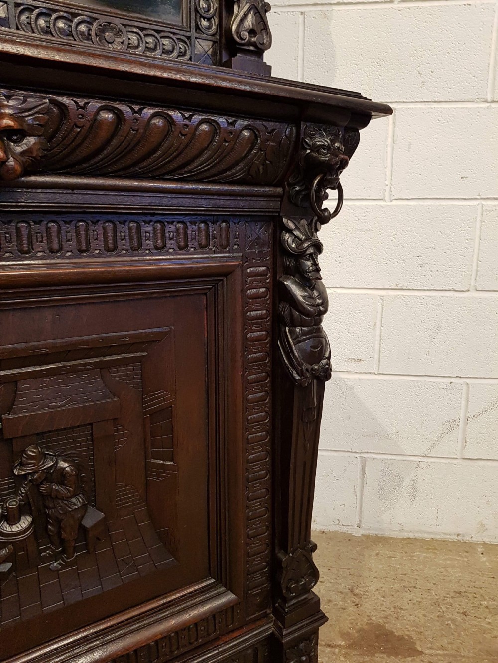 ANTIQUE 19TH CENTURY FLEMISH CARVED OAK NARROW BOOKCASE ON CUPBOARD C1880  View V