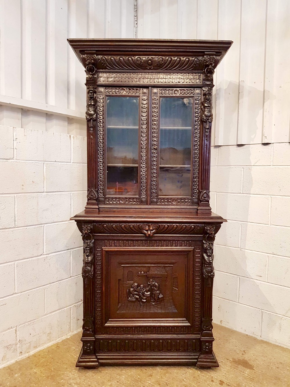 ANTIQUE 19TH CENTURY FLEMISH CARVED OAK NARROW BOOKCASE ON CUPBOARD C1880  View VIII