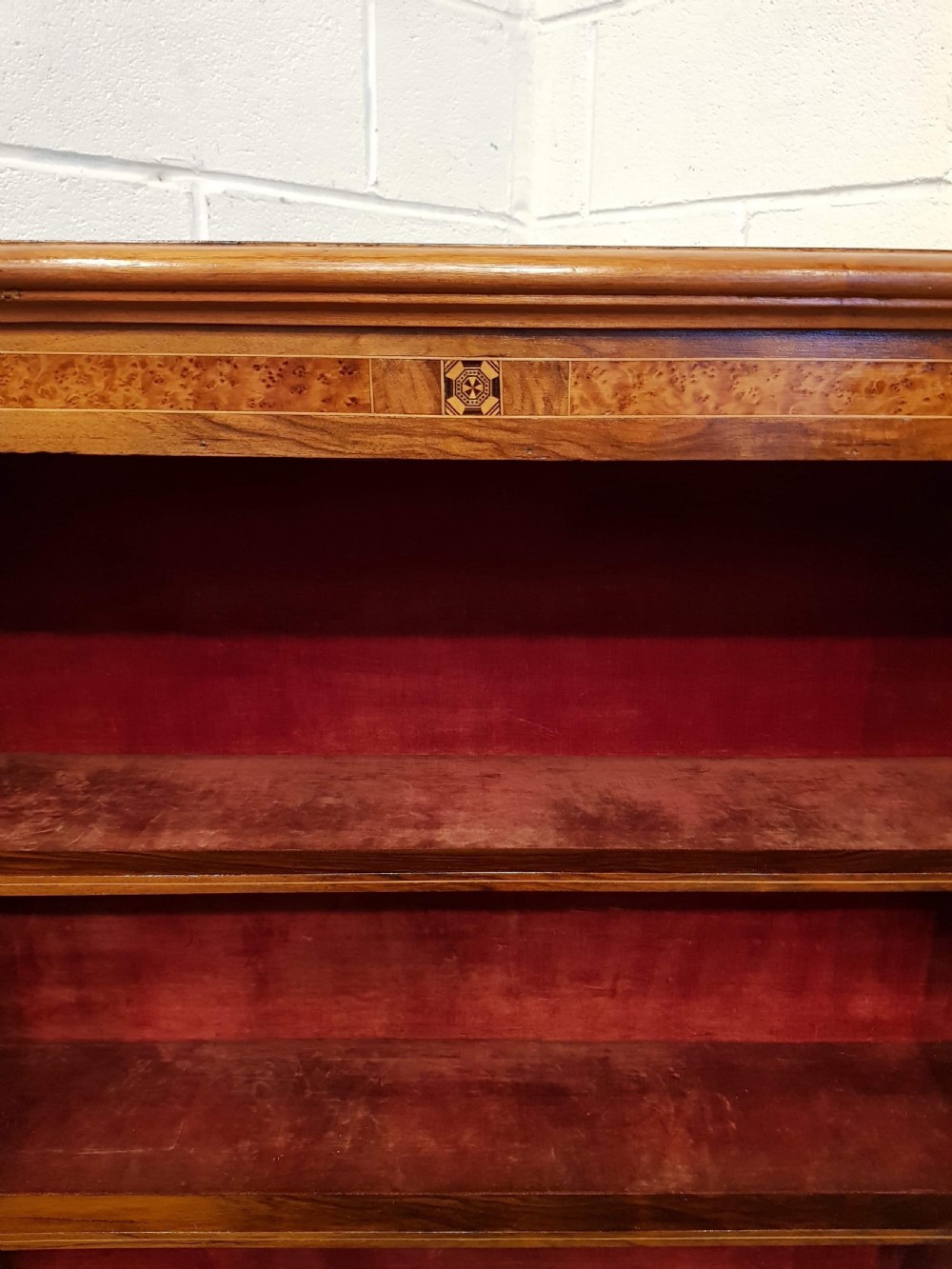 ANTIQUE VICTORIAN BURR WALNUT AND MAPLE OPEN BOOKCASE C1880  View II