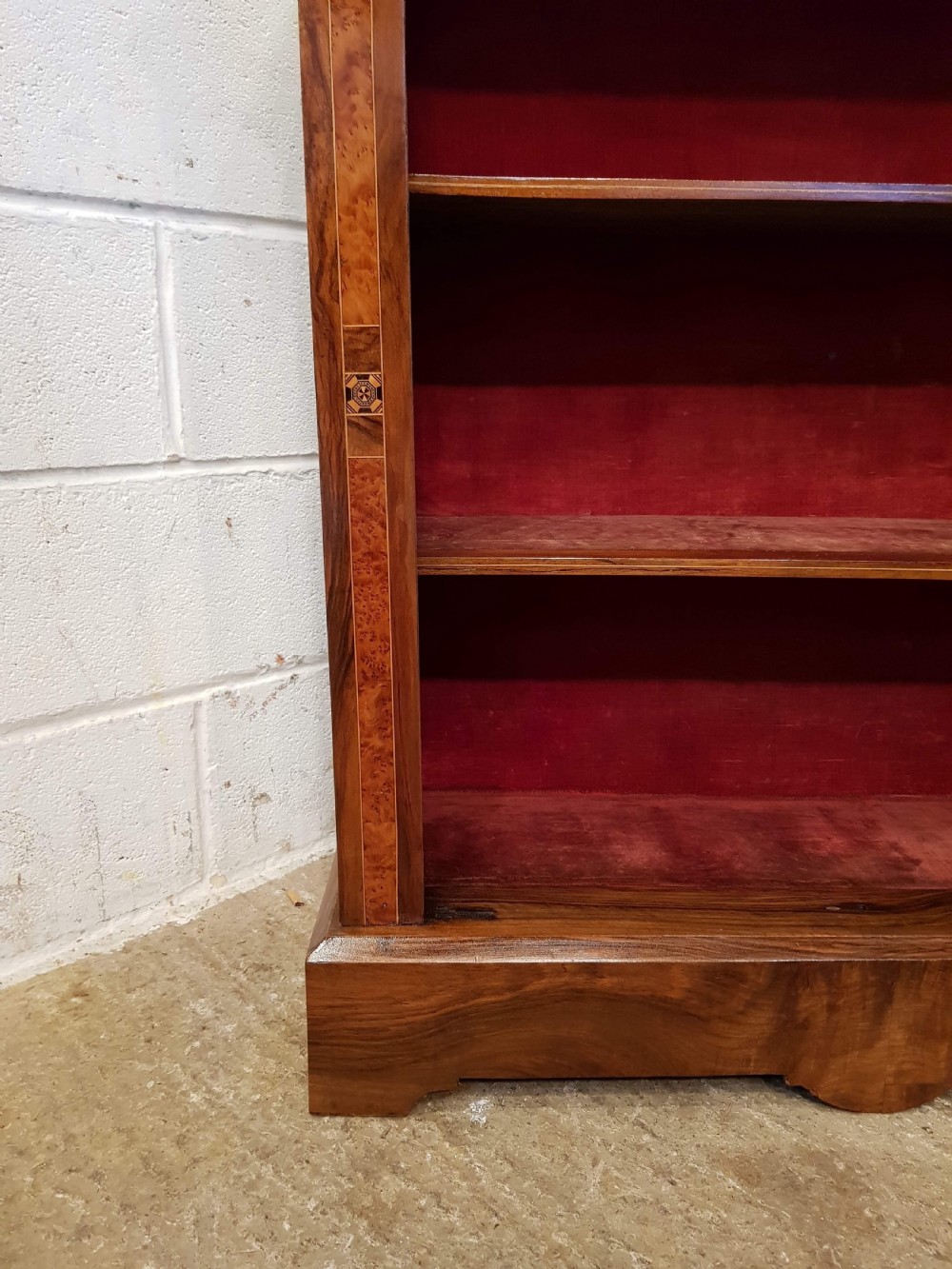 ANTIQUE VICTORIAN BURR WALNUT AND MAPLE OPEN BOOKCASE C1880  View V
