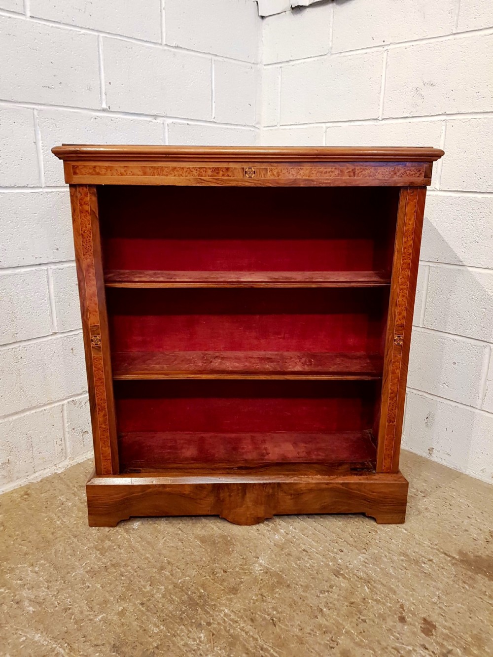 ANTIQUE VICTORIAN BURR WALNUT AND MAPLE OPEN BOOKCASE C1880  View VI