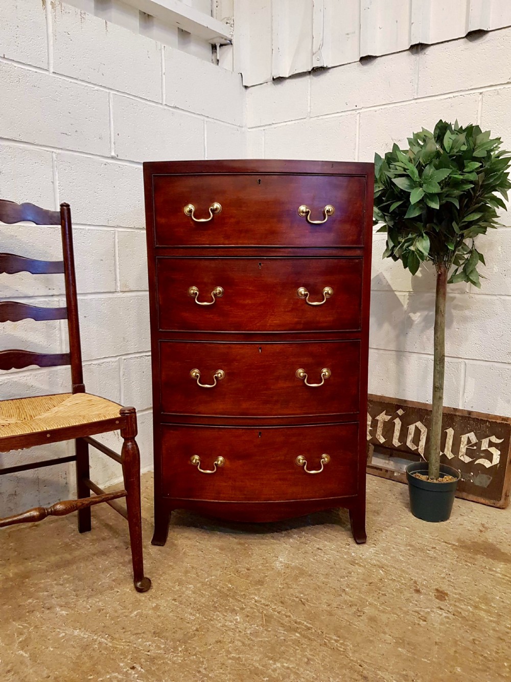 ANTIQUE MAHOGANY TALL NARROW BOW FRONT CHEST OF DRAWERS C1920