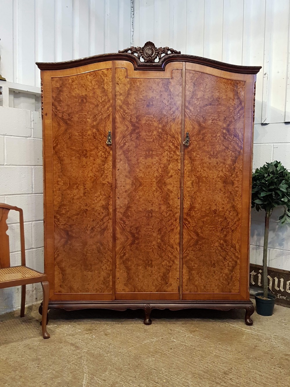 ANTIQUE BURR WALNUT TRIPLE WARDROBE C1920