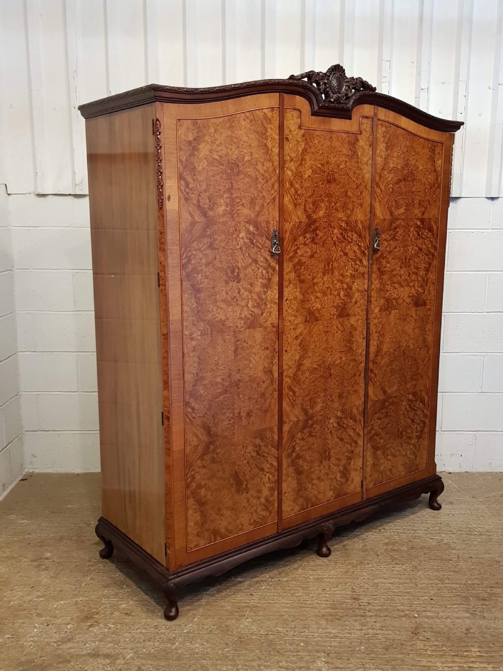 ANTIQUE BURR WALNUT TRIPLE WARDROBE C1920 View IV