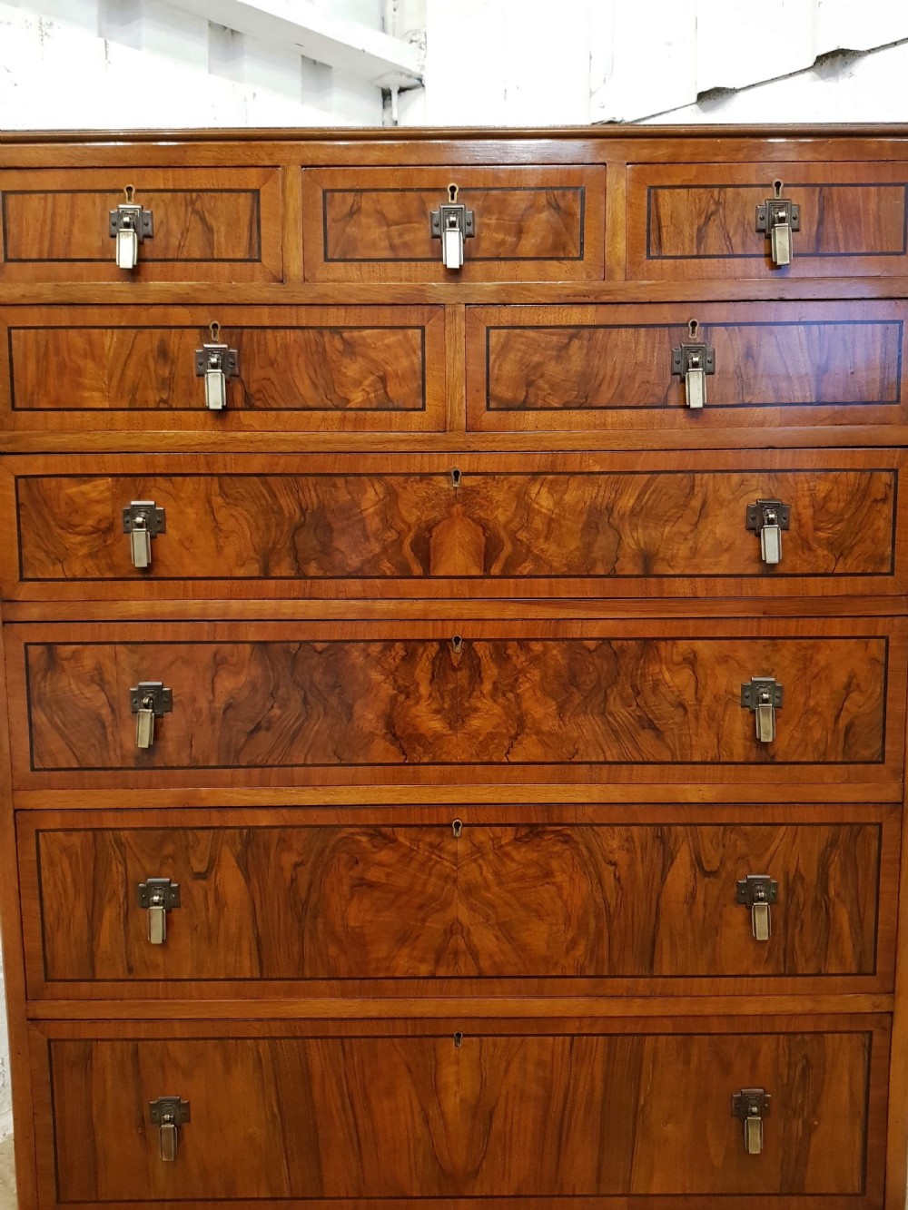SUPERB ANTIQUE ART DECO BURR WALNUT & EBONY CHEST OF DRAWERS C1920 View IV