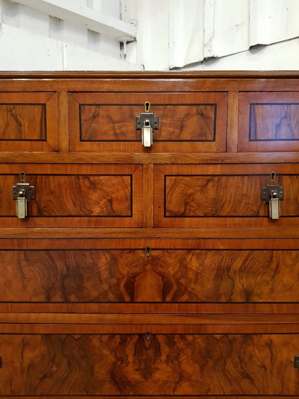 SUPERB ANTIQUE ART DECO BURR WALNUT & EBONY CHEST OF DRAWERS C1920 View V