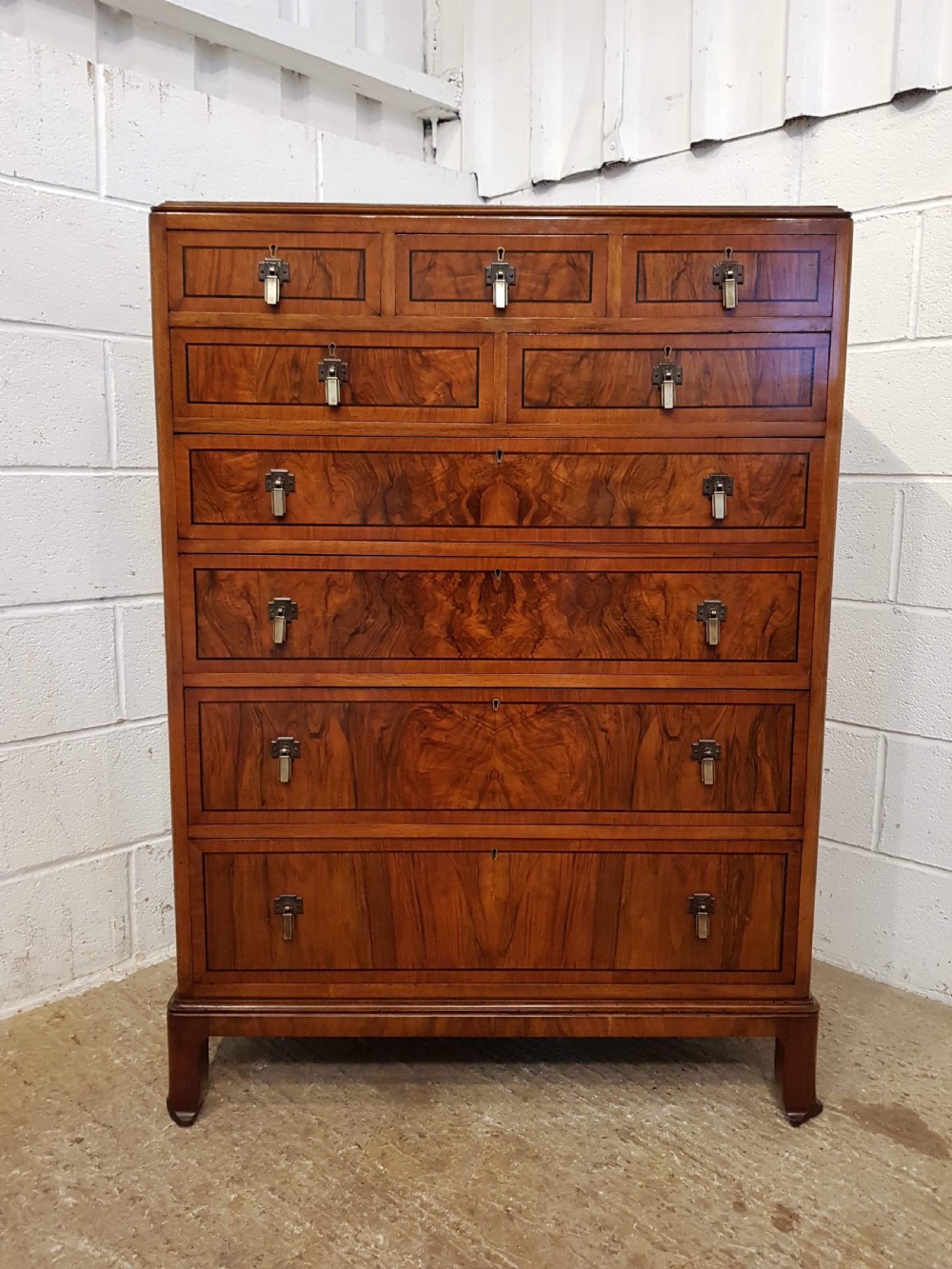SUPERB ANTIQUE ART DECO BURR WALNUT & EBONY CHEST OF DRAWERS C1920 View VI