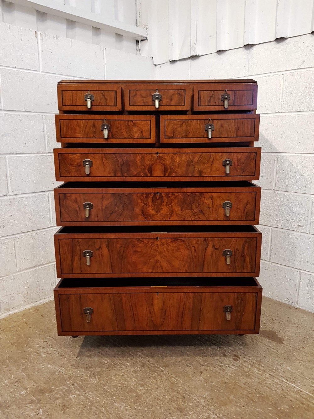 SUPERB ANTIQUE ART DECO BURR WALNUT & EBONY CHEST OF DRAWERS C1920 View VII