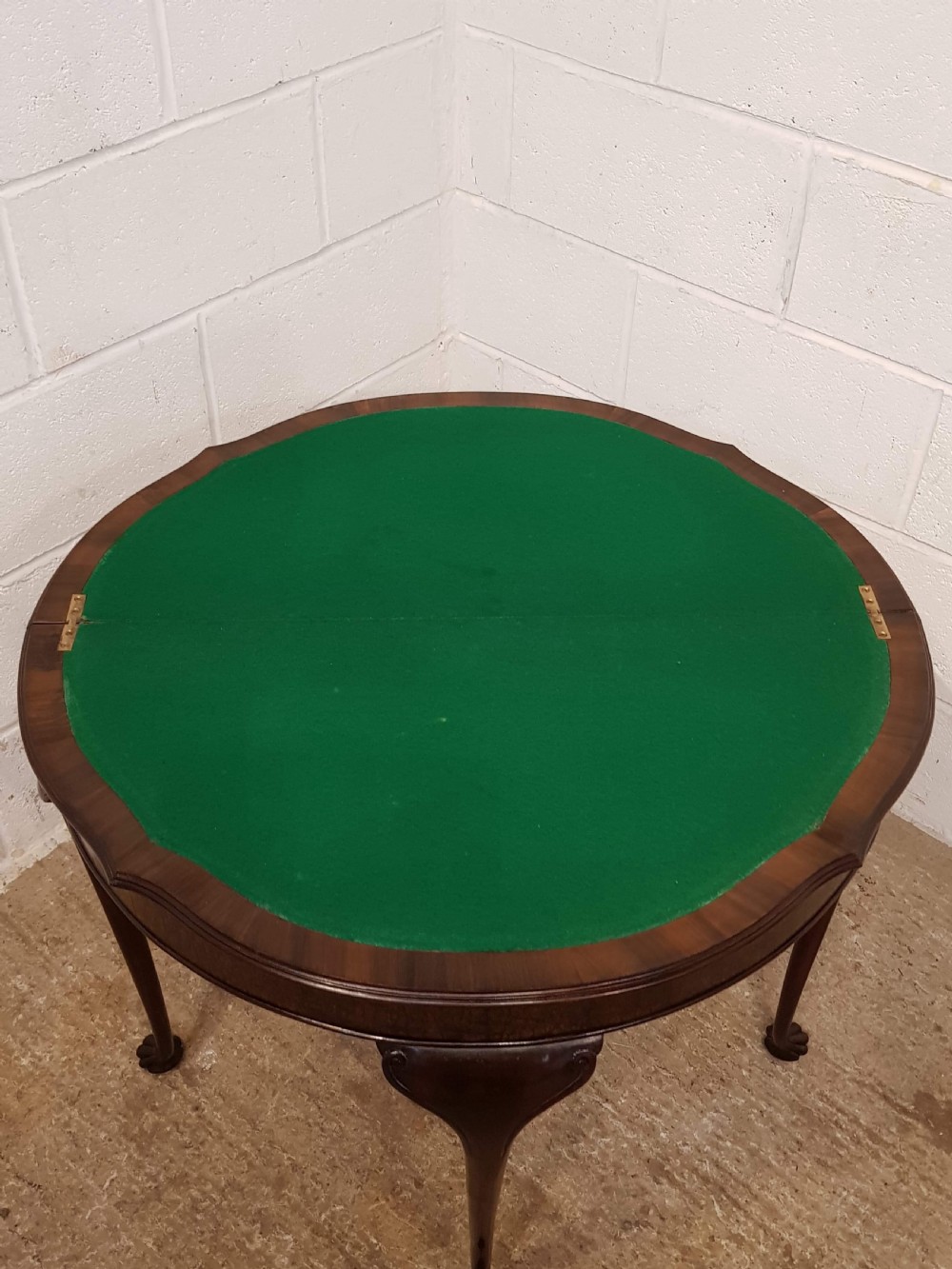 ANTIQUE BURR WALNUT DEMI LUNE FOLD OVER GAMES TABLE C1920 View II
