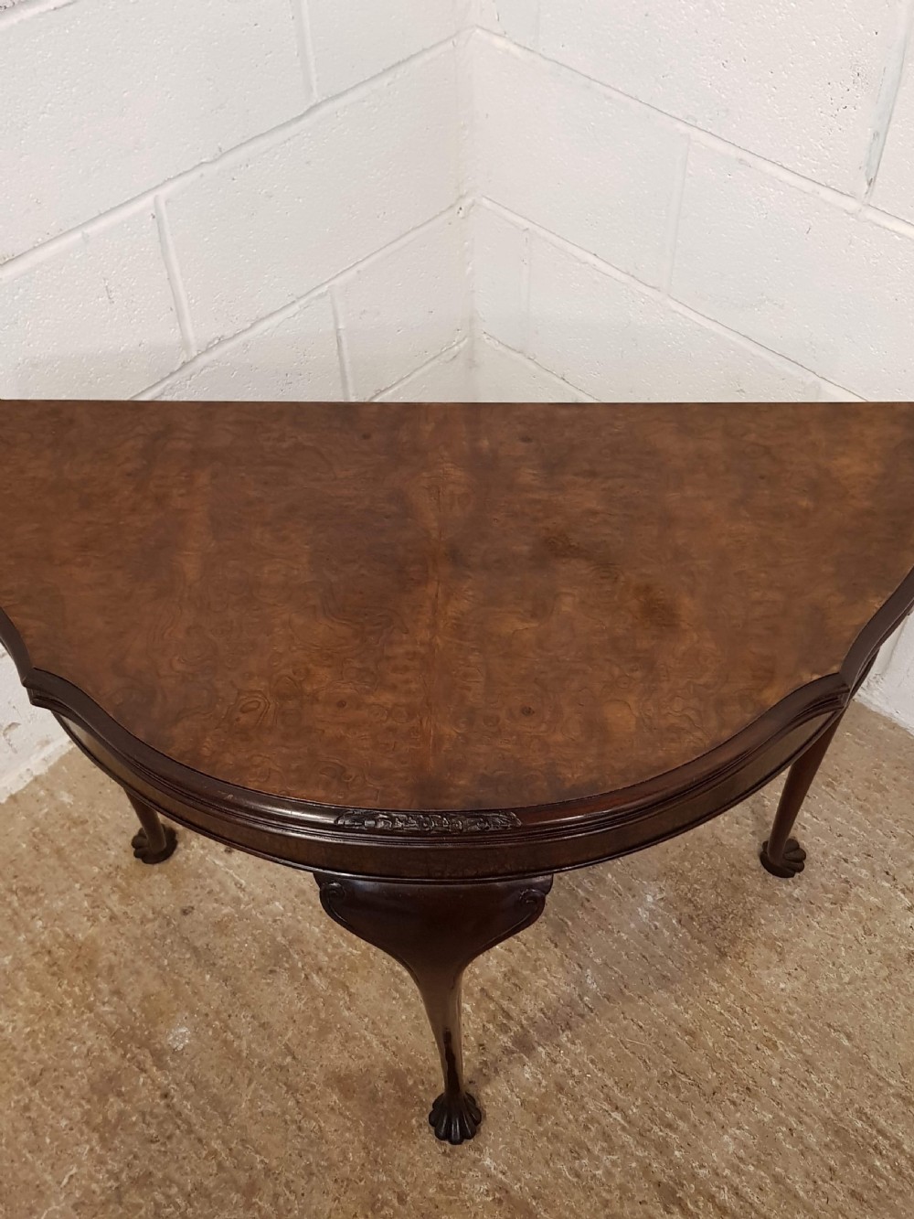 ANTIQUE BURR WALNUT DEMI LUNE FOLD OVER GAMES TABLE C1920 View III
