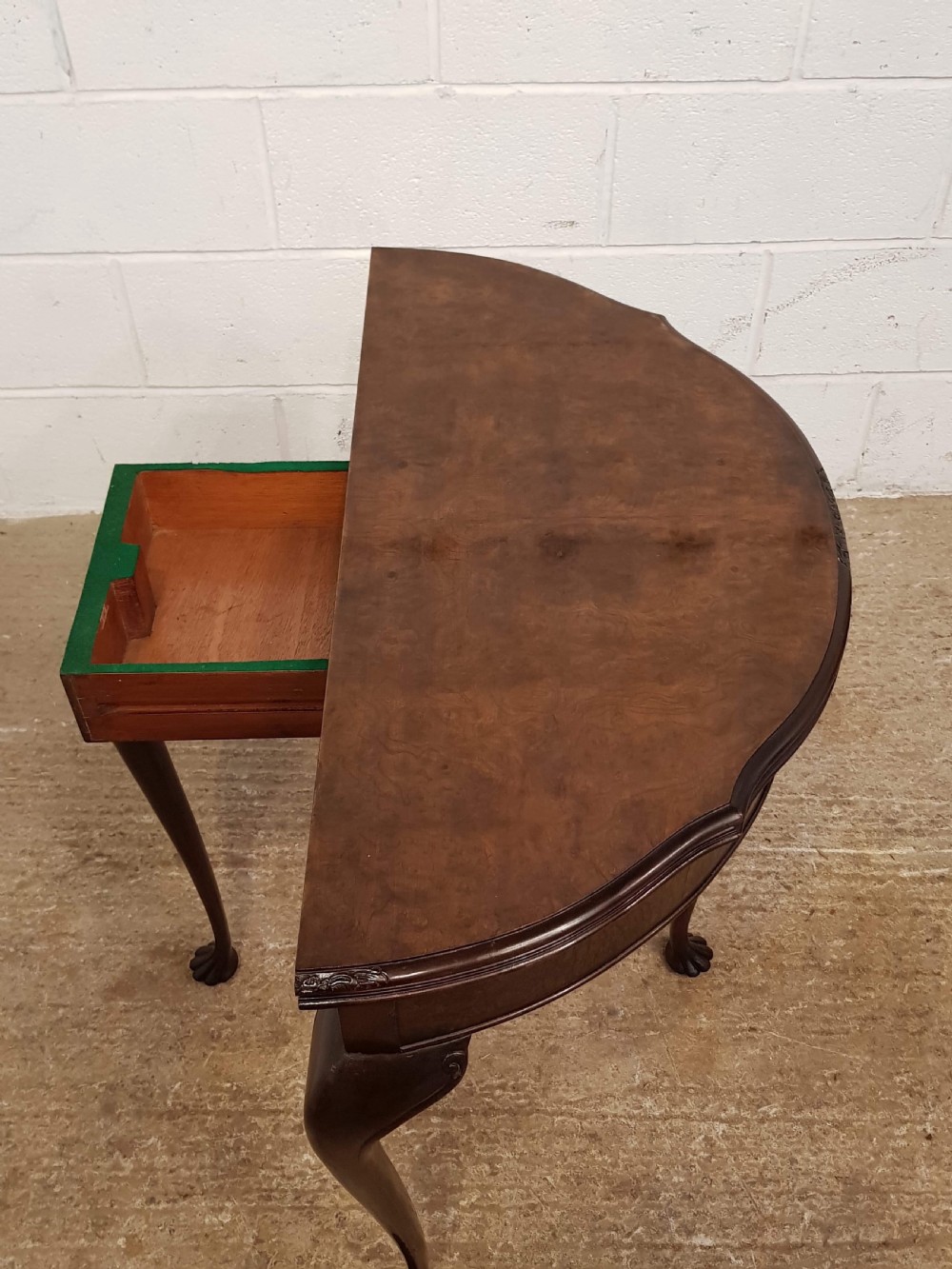 ANTIQUE BURR WALNUT DEMI LUNE FOLD OVER GAMES TABLE C1920 View IV