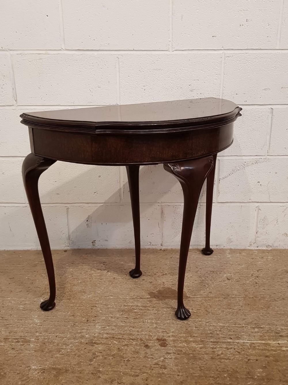 ANTIQUE BURR WALNUT DEMI LUNE FOLD OVER GAMES TABLE C1920 View V
