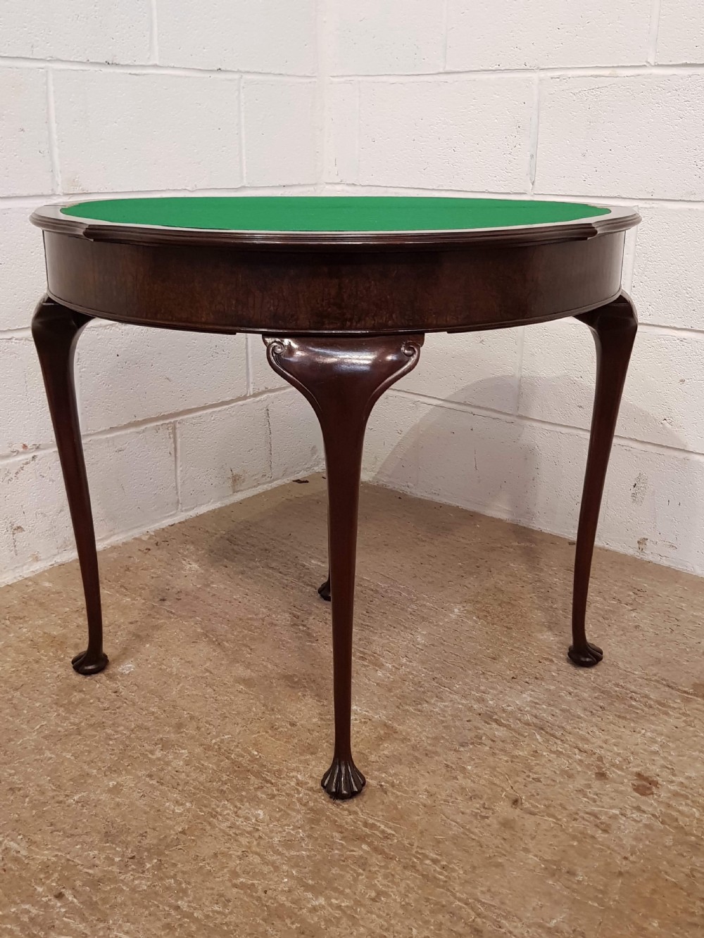 ANTIQUE BURR WALNUT DEMI LUNE FOLD OVER GAMES TABLE C1920 View VI