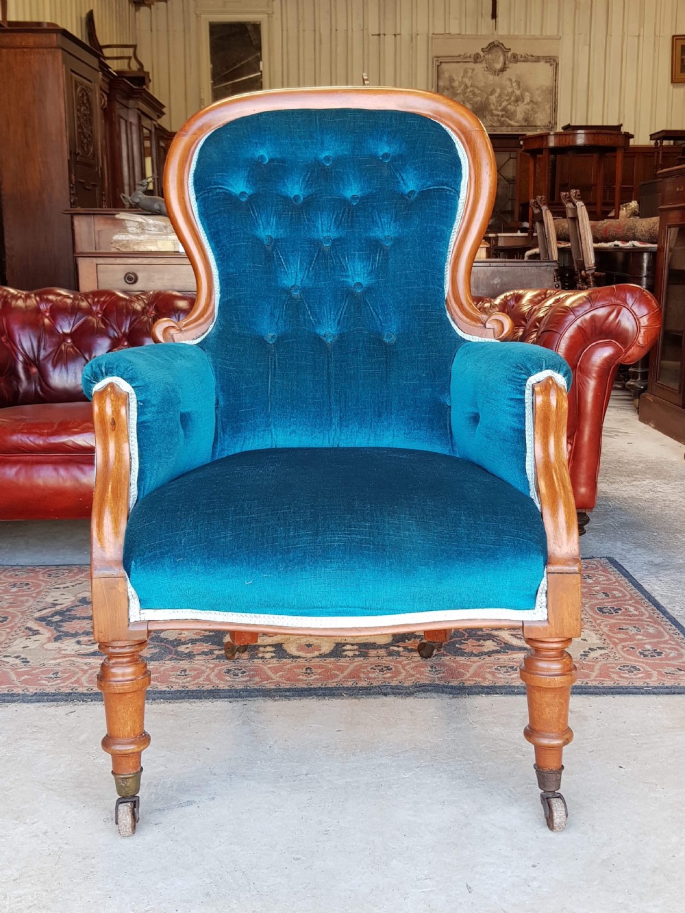 ANTIQUE VICTORIAN MAHOGANY SHOW FRAME SALON ARMCHAIR C1880