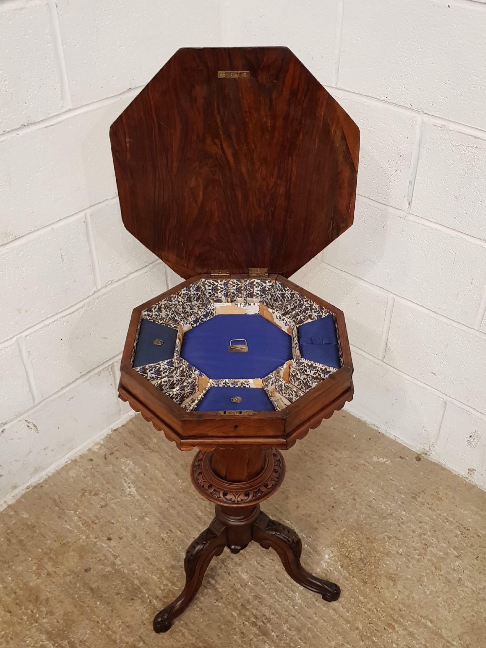 ANTIQUE VICTORIAN BURR WALNUT OCTAGONAL TRUMPET WORK TABLE C1880 View IV