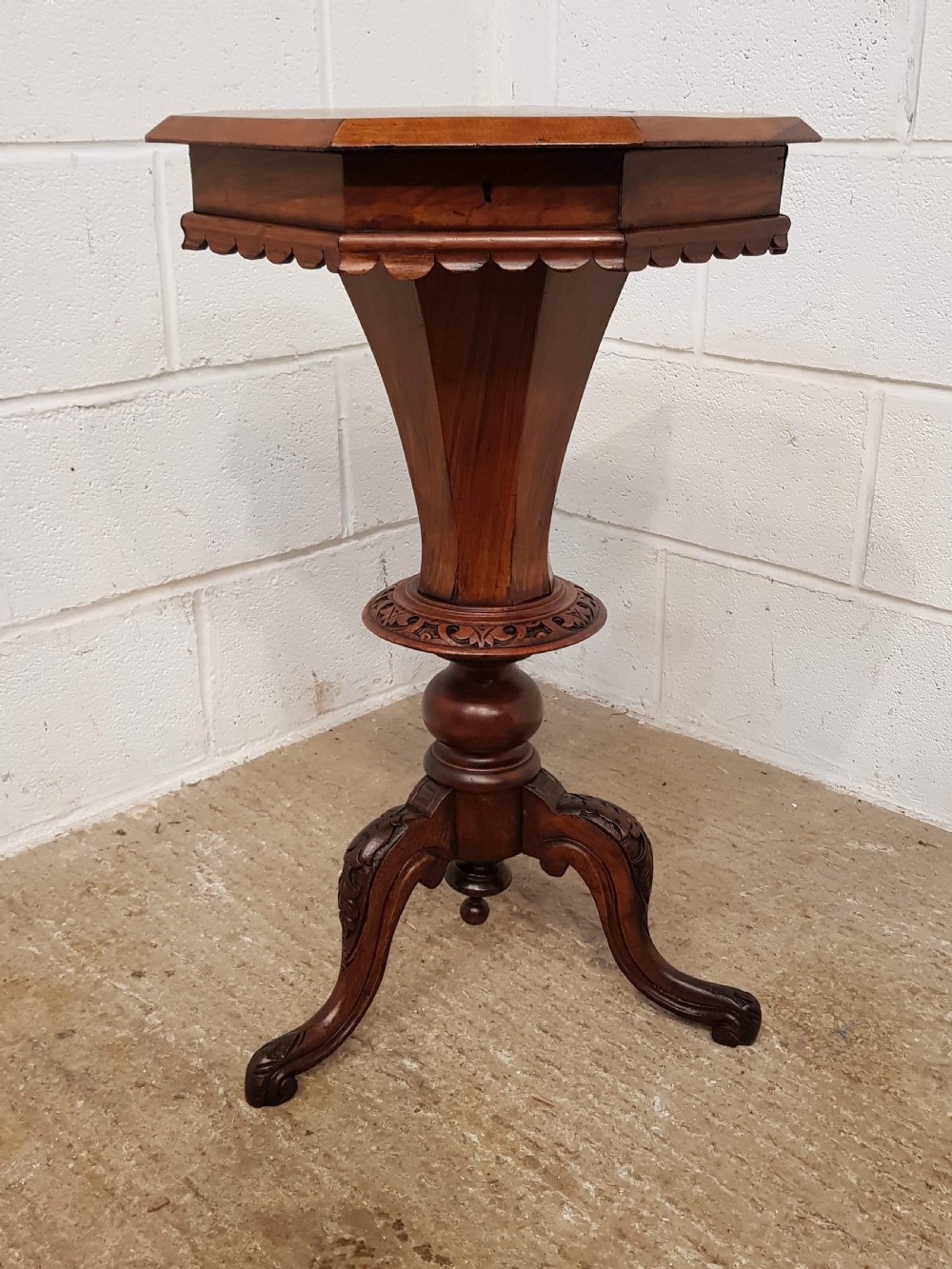 ANTIQUE VICTORIAN BURR WALNUT OCTAGONAL TRUMPET WORK TABLE C1880 View V