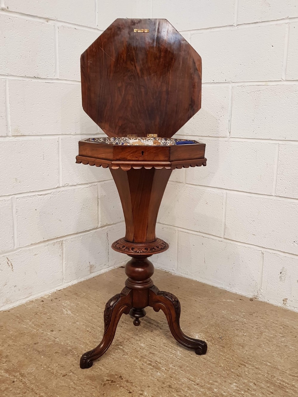 ANTIQUE VICTORIAN BURR WALNUT OCTAGONAL TRUMPET WORK TABLE C1880 View VI