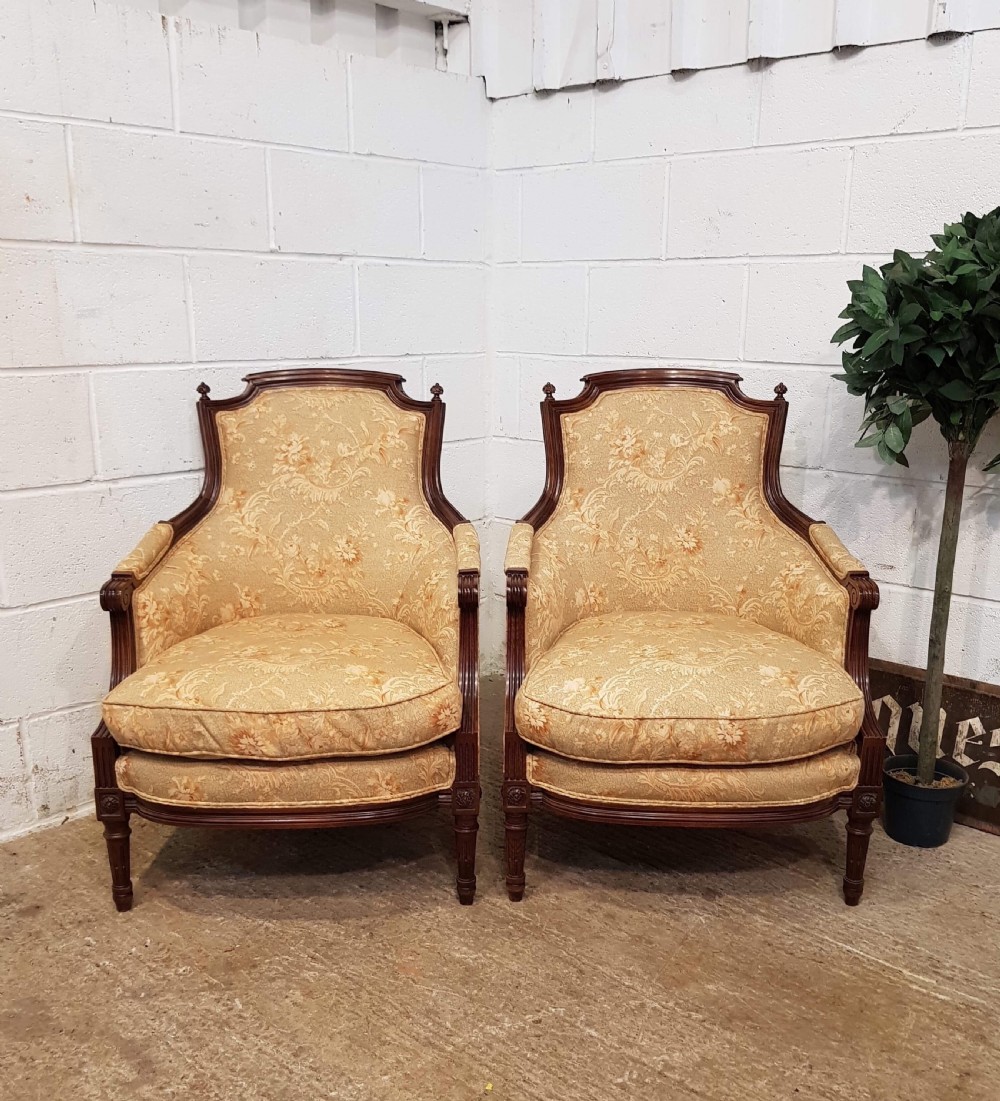 ANTIQUE PAIR FRENCH WALNUT SALON ARMCHAIRS C1920
