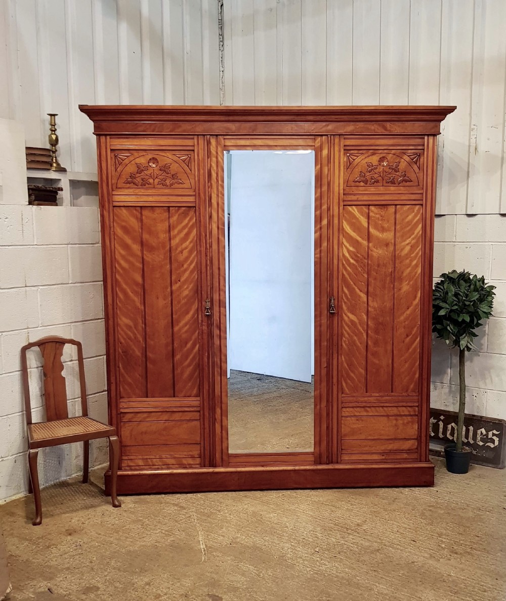 ANTIQUE LATE VICTORIAN SATINWOOD TRIPLE WARDROBE C1890 