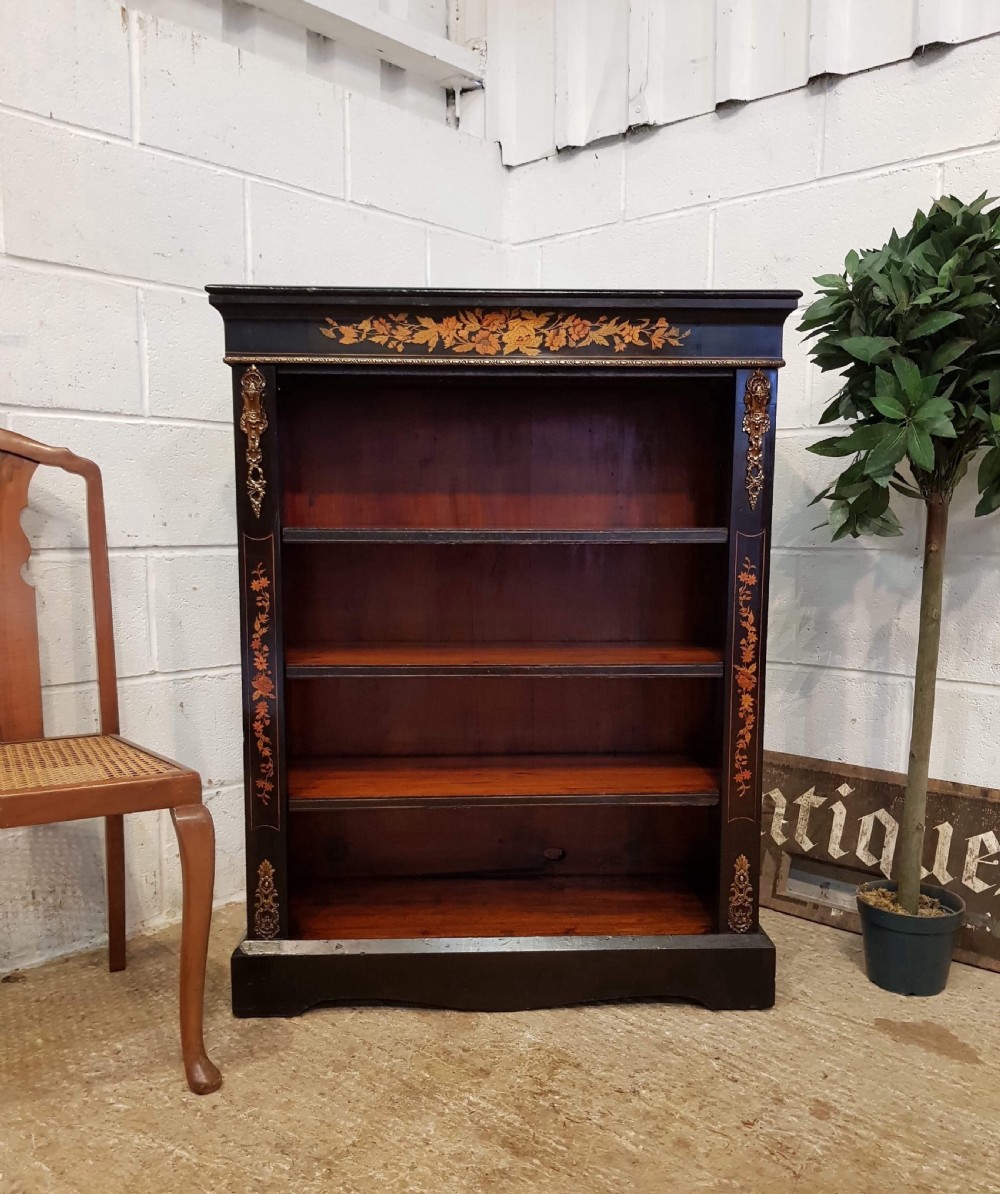 ANTIQUE VICTORIAN EBONISED INLAID OPEN BOOKCASE WITH GILT MOULNTS C1880