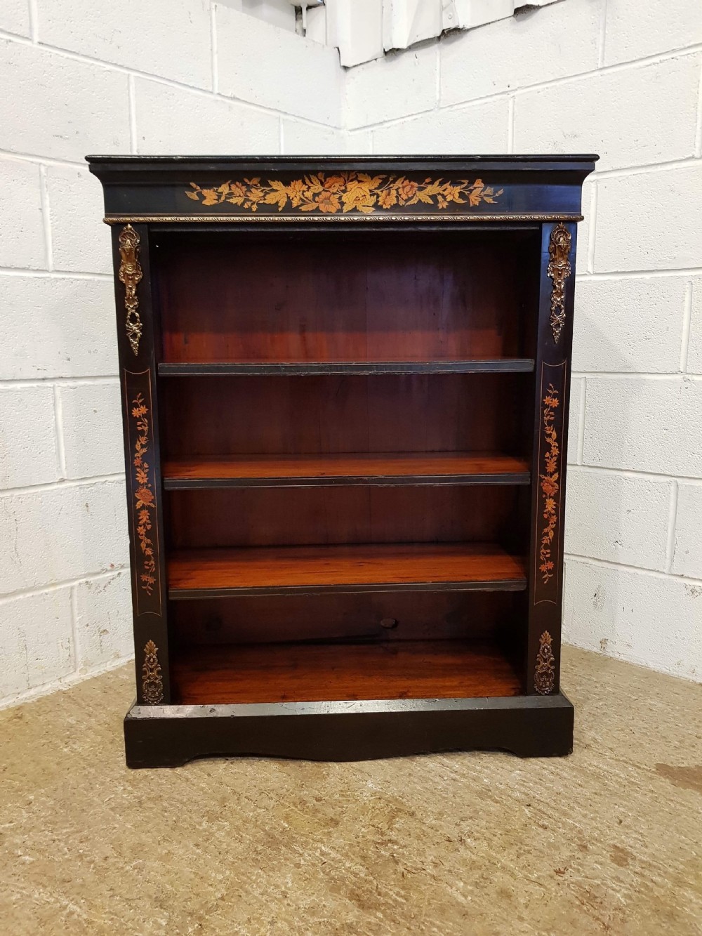 ANTIQUE VICTORIAN EBONISED INLAID OPEN BOOKCASE WITH GILT MOULNTS C1880 View II