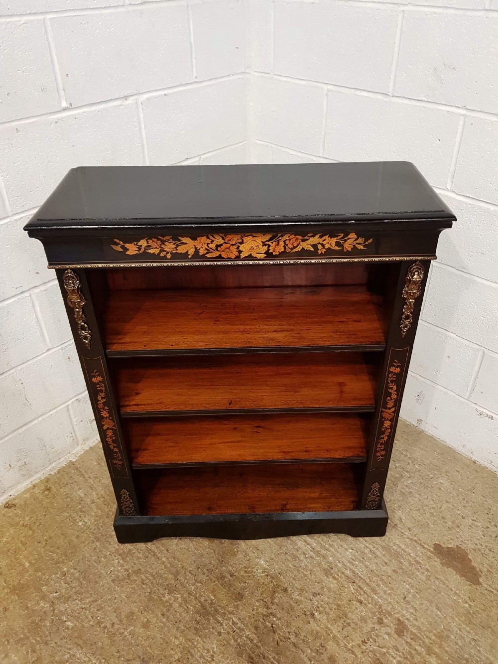 ANTIQUE VICTORIAN EBONISED INLAID OPEN BOOKCASE WITH GILT MOULNTS C1880 View IV