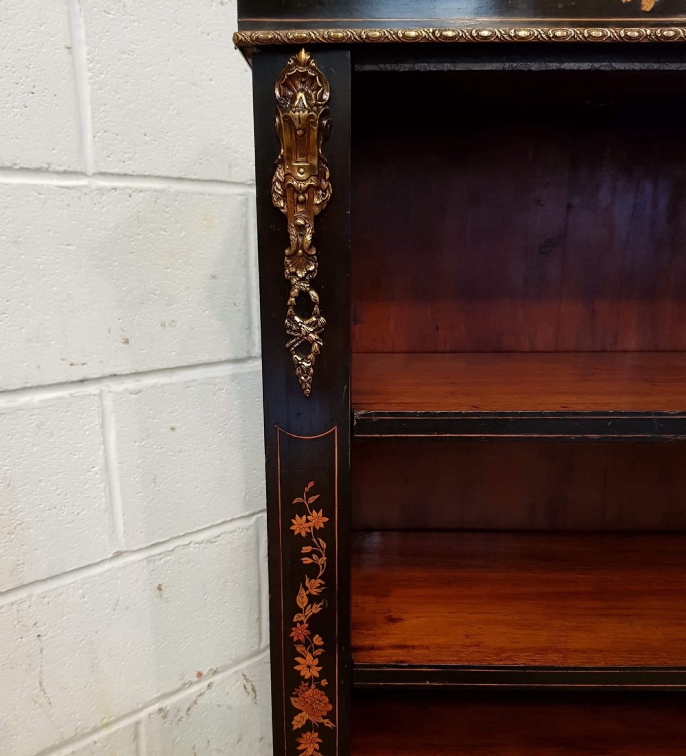 ANTIQUE VICTORIAN EBONISED INLAID OPEN BOOKCASE WITH GILT MOULNTS C1880 View V