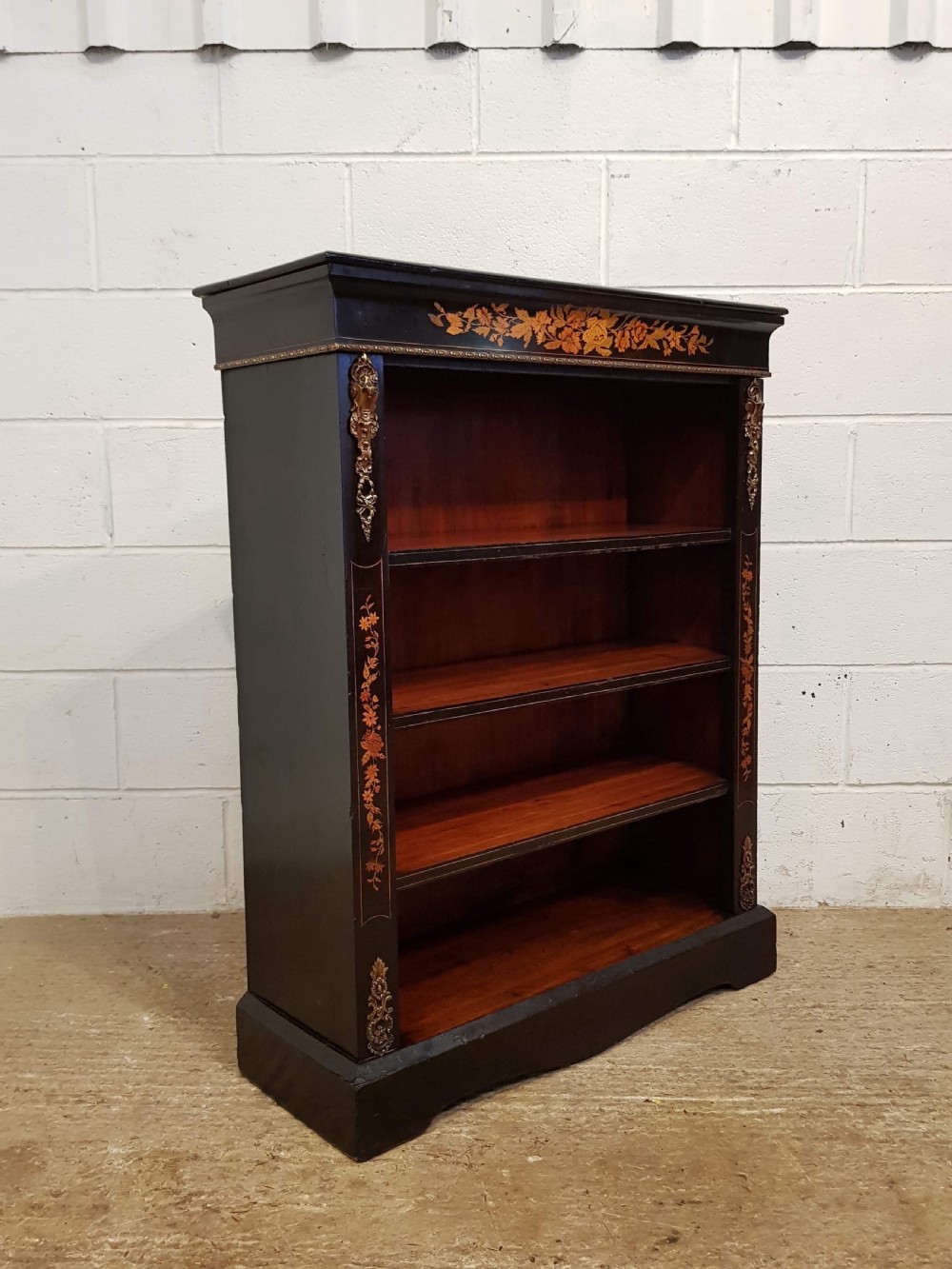 ANTIQUE VICTORIAN EBONISED INLAID OPEN BOOKCASE WITH GILT MOULNTS C1880 View VI