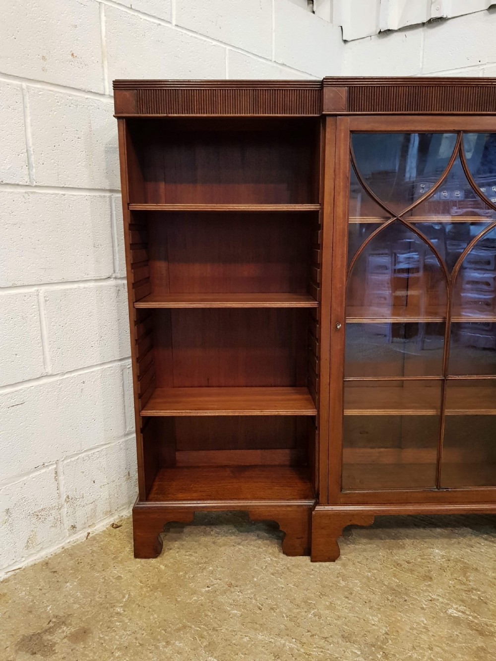 ANTIQUE EDWARDIAN MAHOGANY ASTRAGAL GLAZED & OPEN BOOKCASE C1900 View V