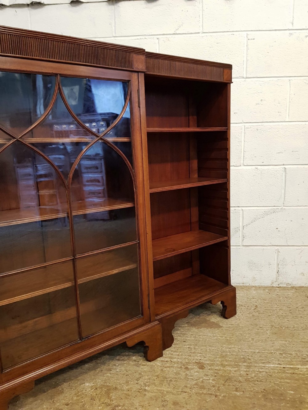 ANTIQUE EDWARDIAN MAHOGANY ASTRAGAL GLAZED & OPEN BOOKCASE C1900 View VII