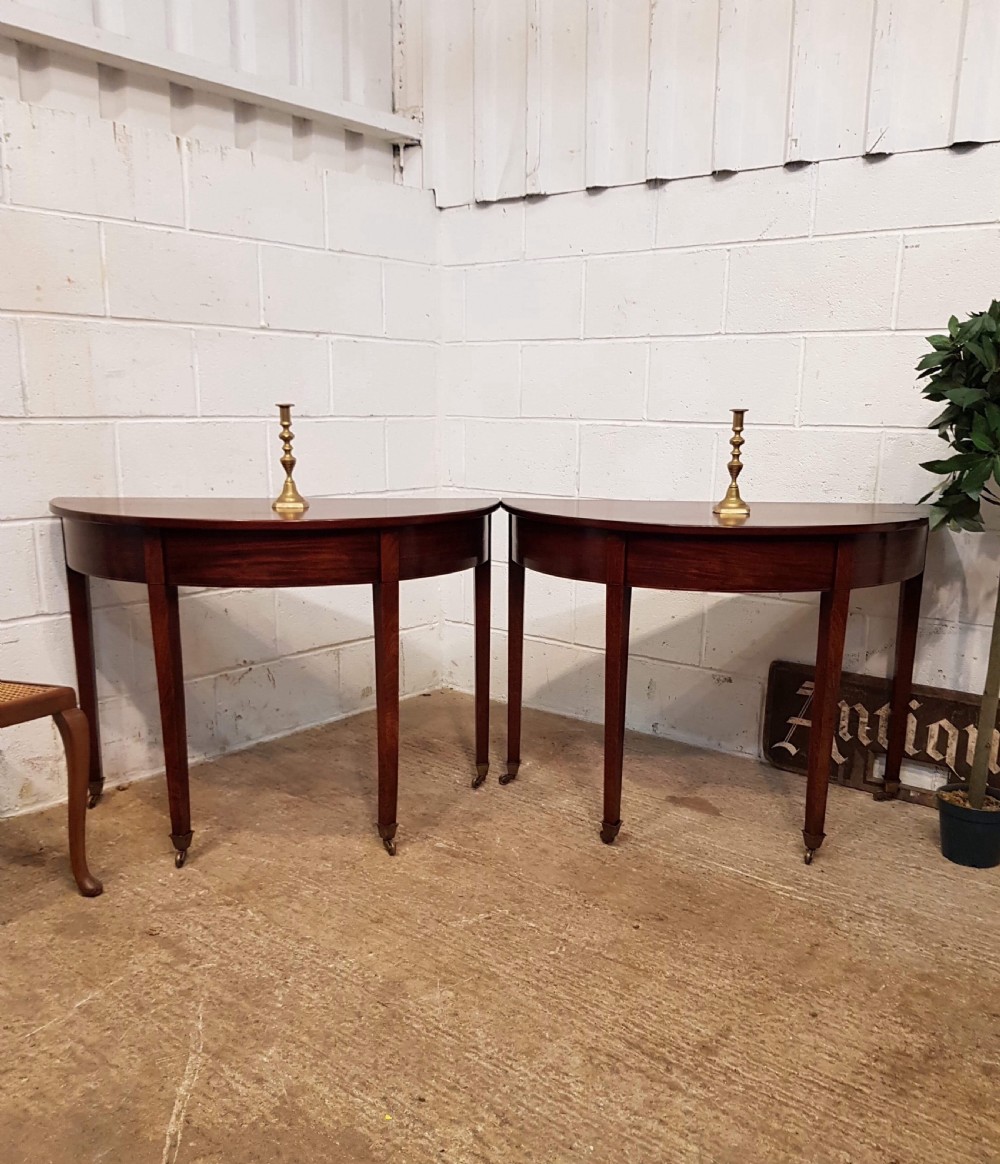 ANTIQUE PAIR REGENCY MAHOGANY DEMI LUNE TABLES C1820