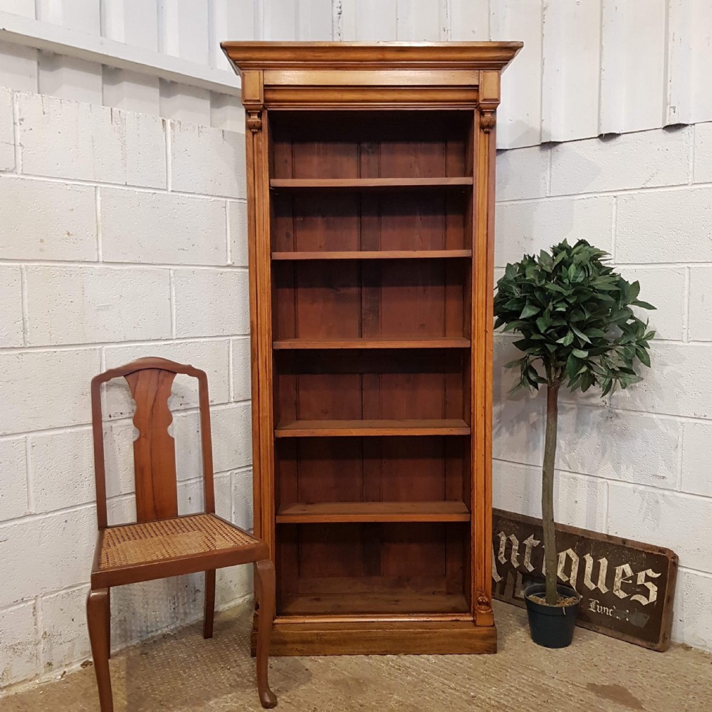 ANTIQUE VICTORIAN TALL NARROW SATINWOOD OPEN BOOKCASE C1880 