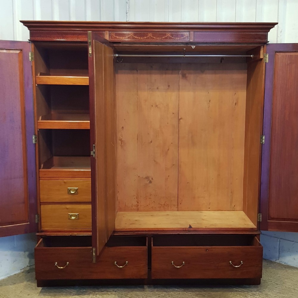 ANTIQUE EDWARDIAN MAHOGANY INLAID TRIPLE WARDROBE C1900 View II