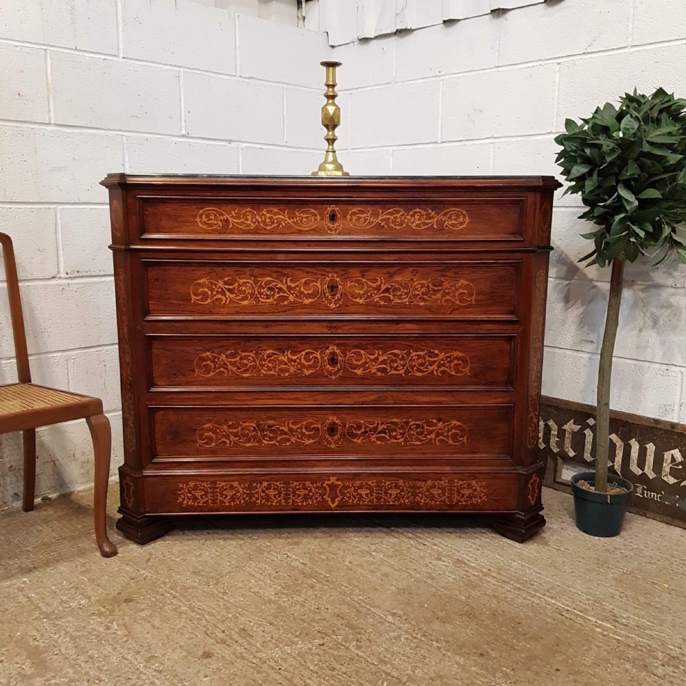ANTIQUE LATE 19TH CENTURY INLAID ITALIAN WALNUT MARBLE TOP CHEST OF DRAWERS C1890