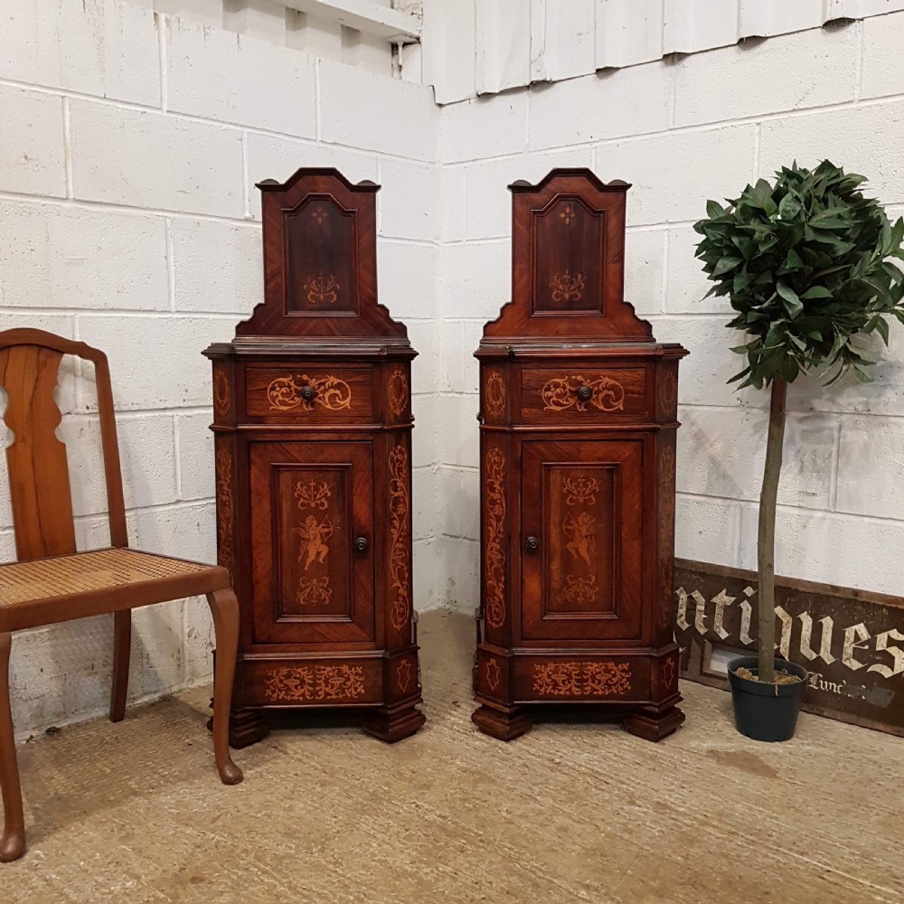 ANTIQUE PAIR LATE 19TH CENTURY INLAID ITALIAN WALNUT & MARBLE BEDSIDE CABINETS C1890
