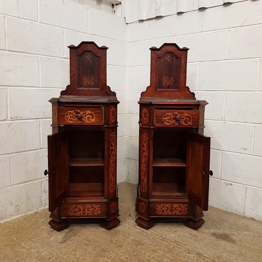 ANTIQUE PAIR LATE 19TH CENTURY INLAID ITALIAN WALNUT & MARBLE BEDSIDE CABINETS C1890 View V