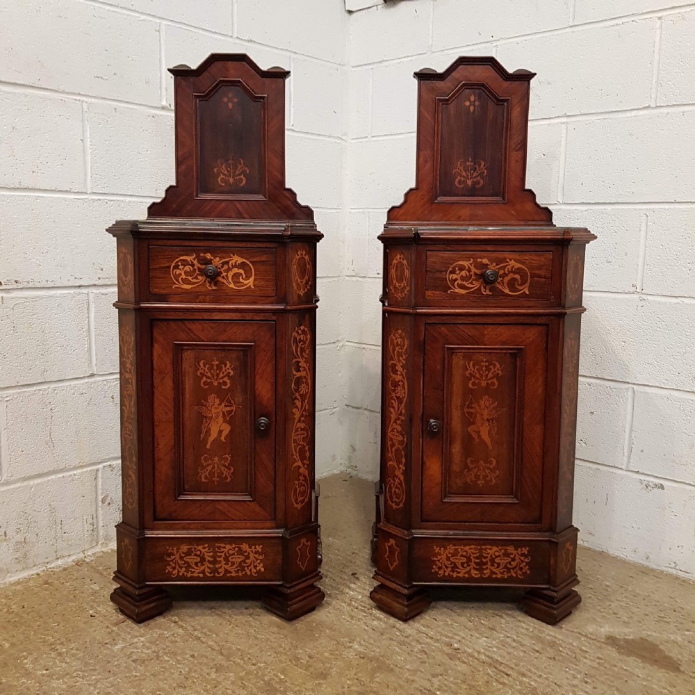 ANTIQUE PAIR LATE 19TH CENTURY INLAID ITALIAN WALNUT & MARBLE BEDSIDE CABINETS C1890 View VI