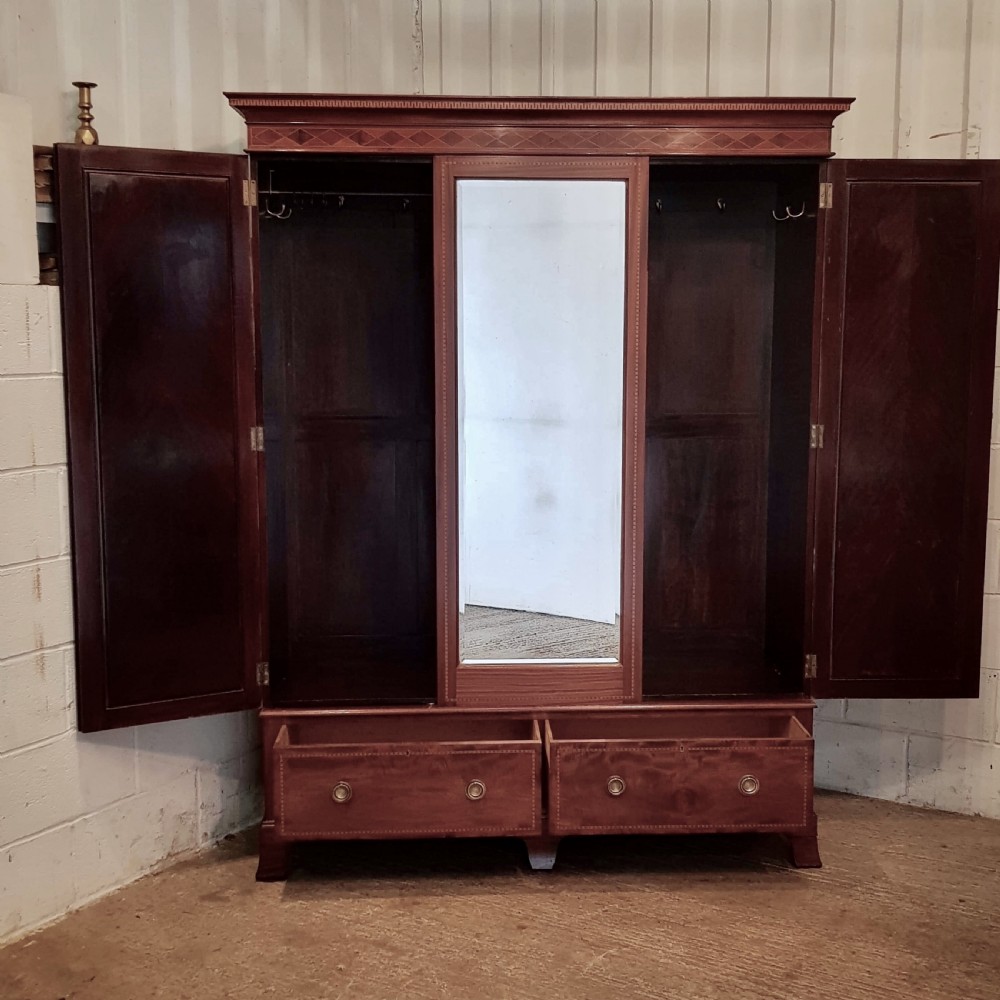 ANTIQUE EDWARDIAN INLAID MAHOGANY TRIPLE WARDROBE C1900 View II