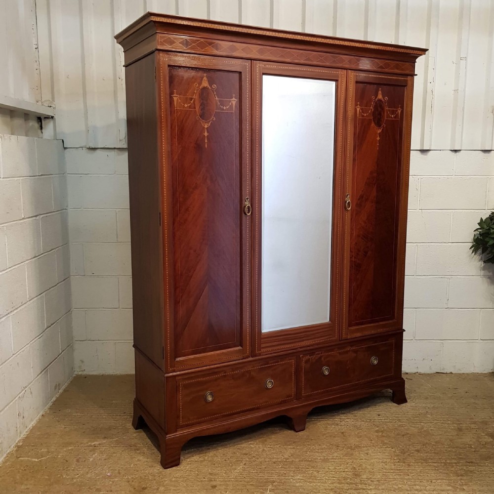 ANTIQUE EDWARDIAN INLAID MAHOGANY TRIPLE WARDROBE C1900 View IV
