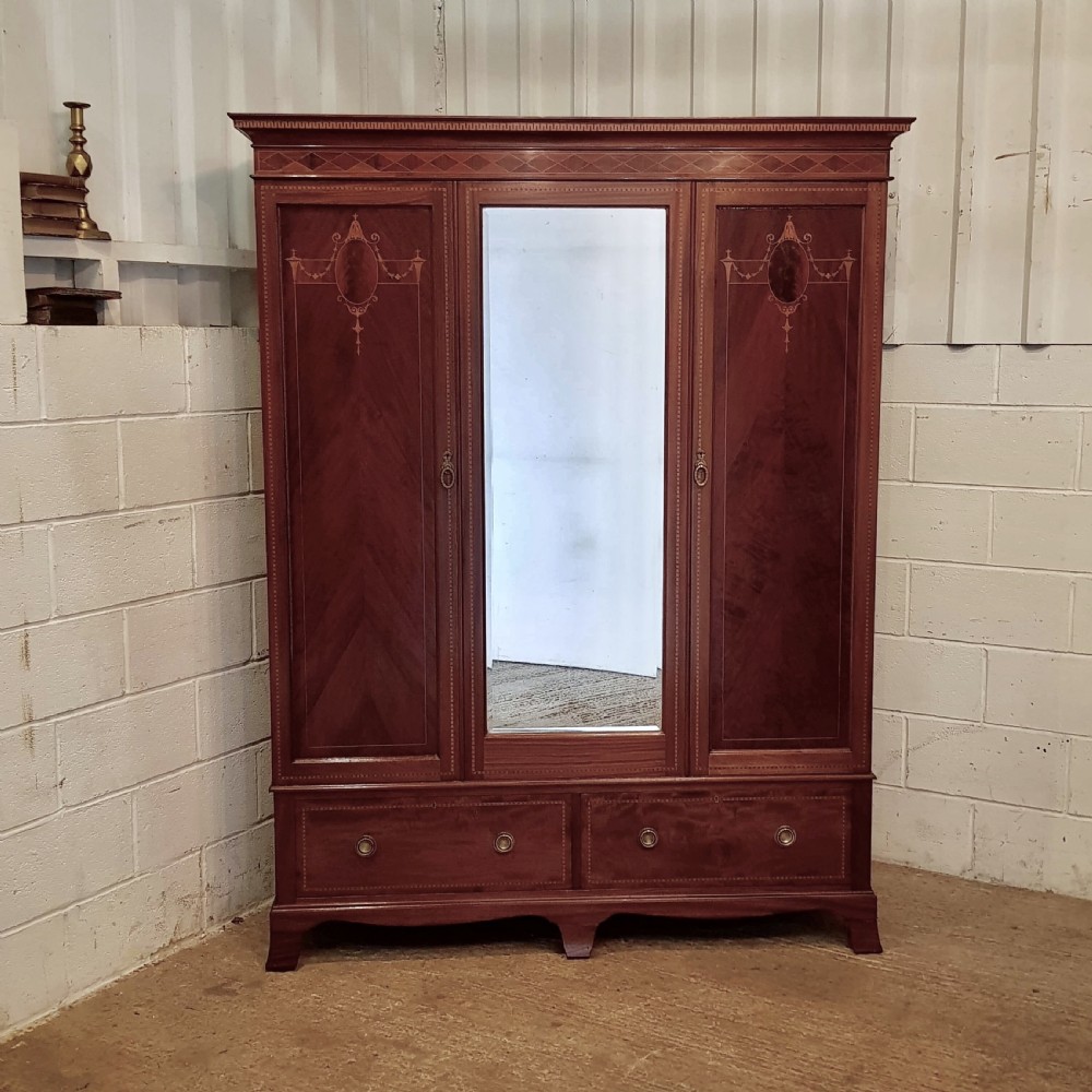 ANTIQUE EDWARDIAN INLAID MAHOGANY TRIPLE WARDROBE C1900 View V