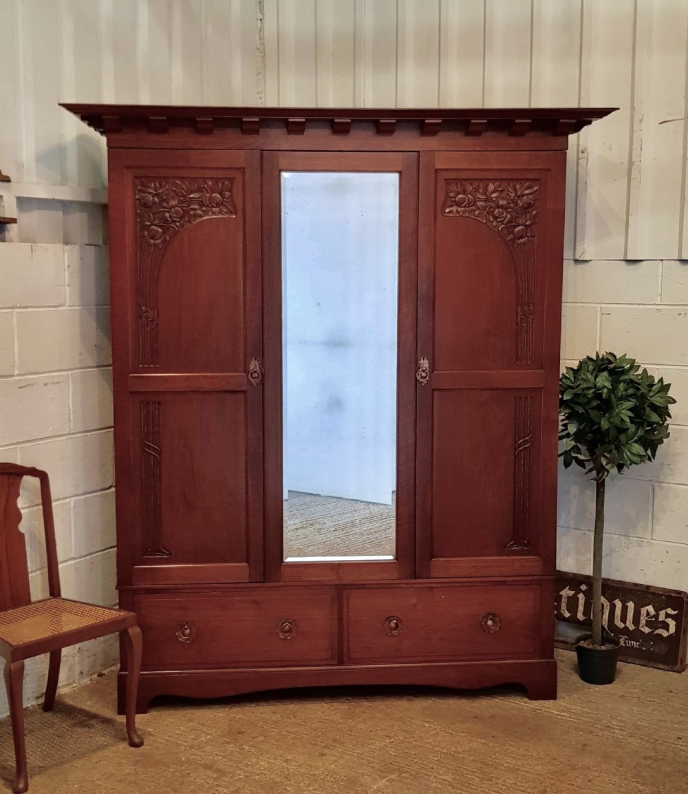 ANTIQUE ARTS & CRAFTS WALNUT TRIPLE WARDROBE C1890 View II